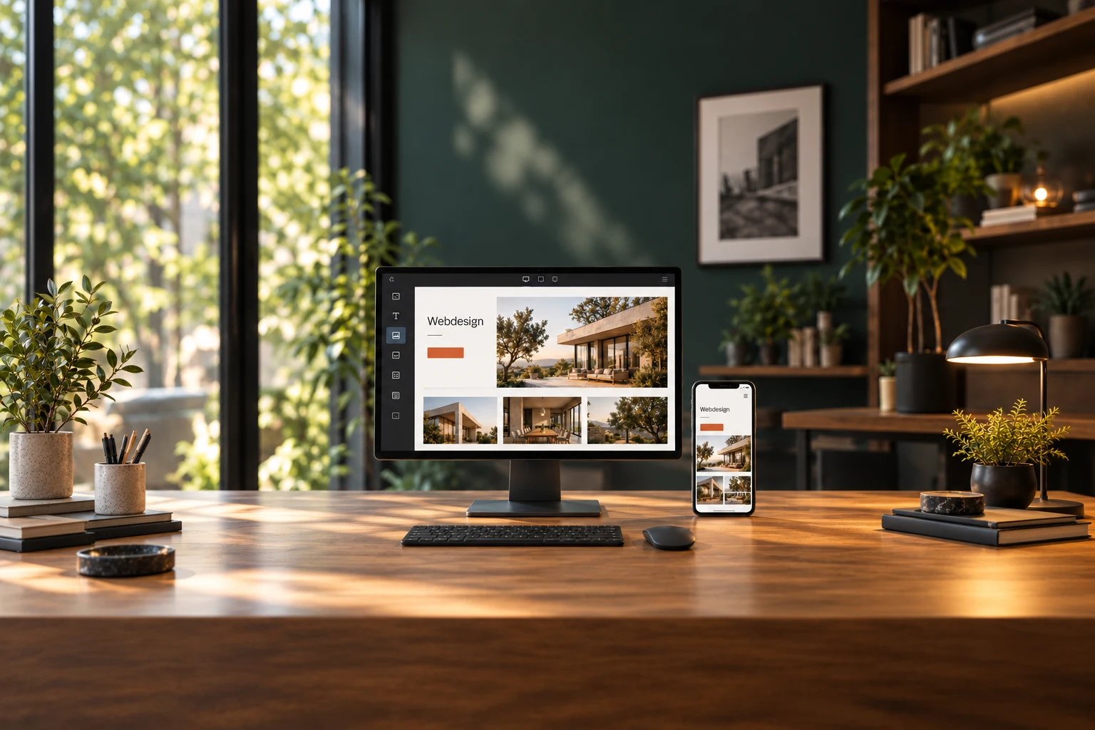 Websiteerstellung am Bildschirm mit Website-Editor sowie Desktop- und Smartphone-Vorschau