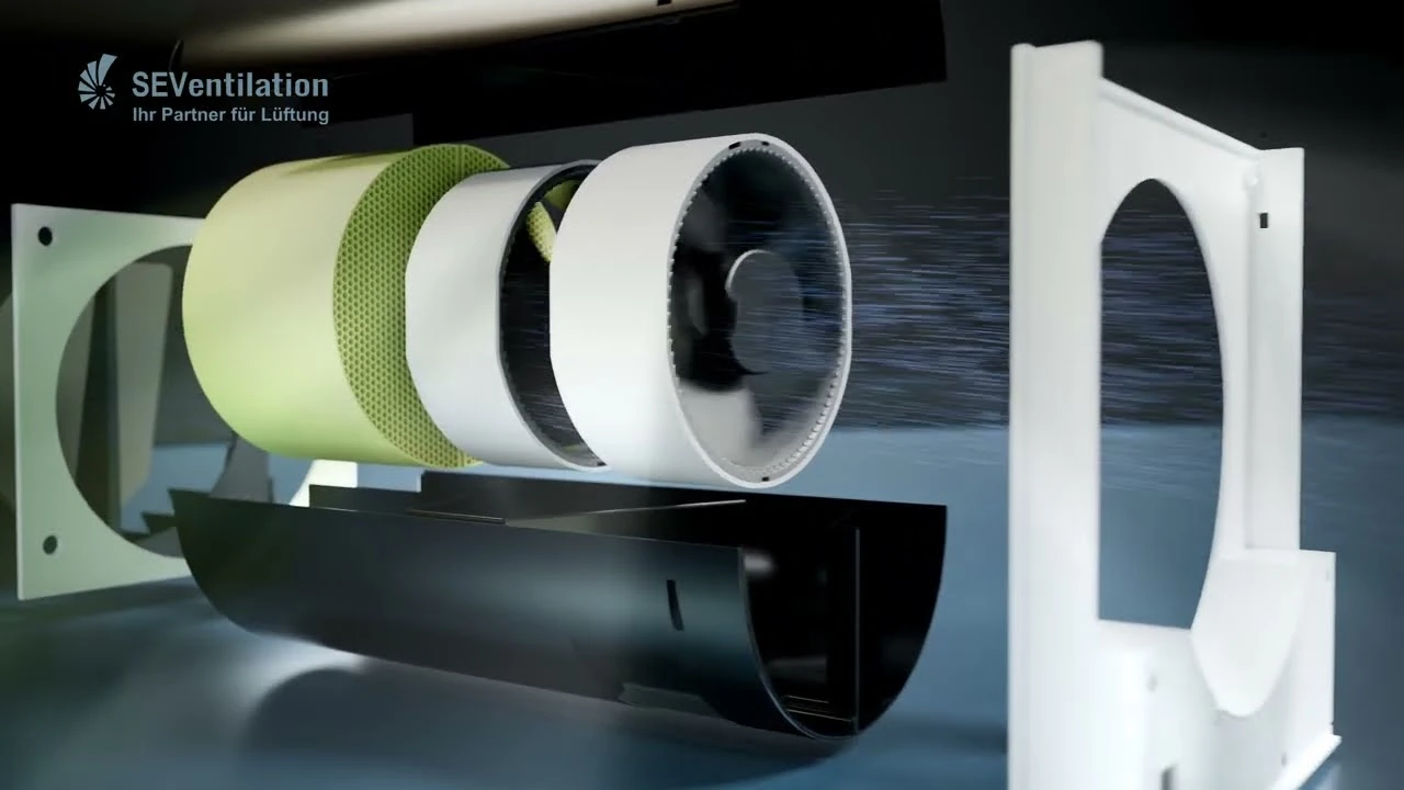 3D-Darstellung des SEVi 160 PRO Max-S mit Ventilator, Wärmespeicher und Gehäuse