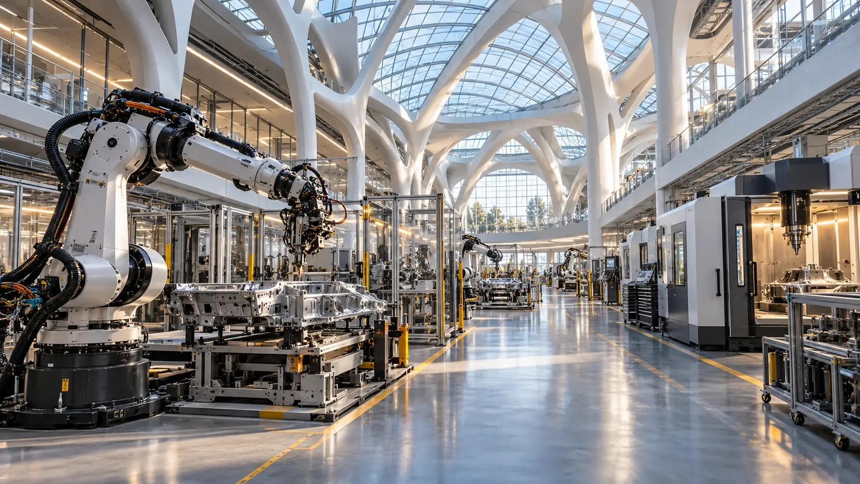 KI-generierte Hightech-Produktionshalle mit Industrierobotern, CNC-Anlagen und futuristischer Hallenarchitektur